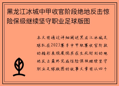 黑龙江冰城中甲收官阶段绝地反击惊险保级继续坚守职业足球版图
