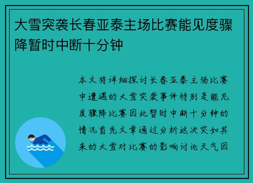 大雪突袭长春亚泰主场比赛能见度骤降暂时中断十分钟